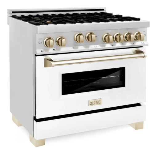 ZLINE Autograph Edition 36" 4.6 cu. ft. Range with Gas Stove and Gas Oven in Stainless Steel with White Matte Door and Gold Accents (RGZ-WM-36-G)