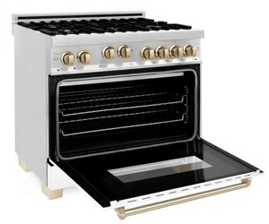 ZLINE Autograph Edition 36" 4.6 cu. ft. Range with Gas Stove and Gas Oven in Stainless Steel with White Matte Door and Gold Accents (RGZ-WM-36-G)