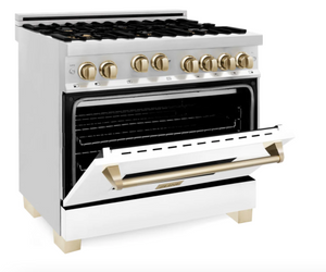 ZLINE Autograph Edition 36" 4.6 cu. ft. Range with Gas Stove and Gas Oven in Stainless Steel with White Matte Door and Gold Accents (RGZ-WM-36-G)