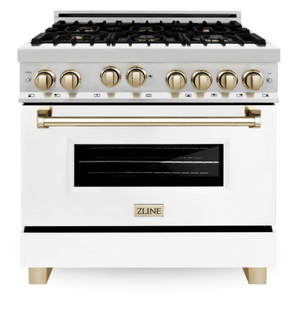 ZLINE Autograph Edition 36" 4.6 cu. ft. Range with Gas Stove and Gas Oven in Stainless Steel with White Matte Door and Gold Accents (RGZ-WM-36-G)