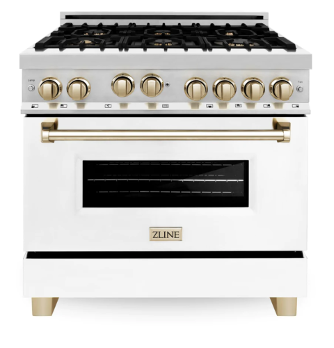 ZLINE Autograph Edition 36" 4.6 cu. ft. Range with Gas Stove and Gas Oven in Stainless Steel with White Matte Door and Gold Accents (RGZ-WM-36-G)