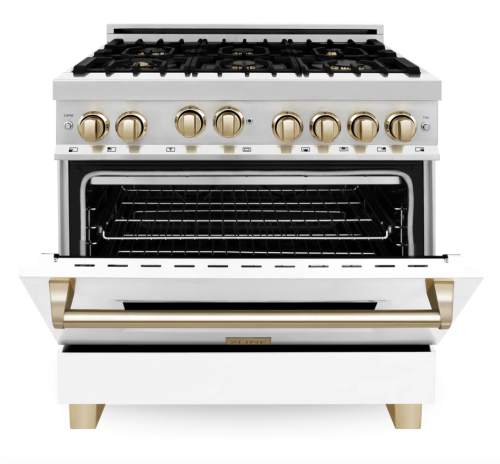 ZLINE Autograph Edition 36" 4.6 cu. ft. Range with Gas Stove and Gas Oven in Stainless Steel with White Matte Door and Gold Accents (RGZ-WM-36-G)