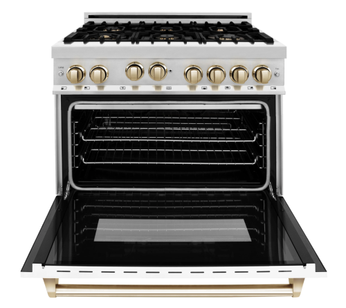 ZLINE Autograph Edition 36" 4.6 cu. ft. Range with Gas Stove and Gas Oven in Stainless Steel with White Matte Door and Gold Accents (RGZ-WM-36-G)
