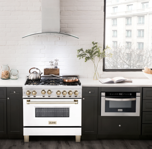 ZLINE Autograph Edition 36" 4.6 cu. ft. Range with Gas Stove and Gas Oven in Stainless Steel with White Matte Door and Gold Accents (RGZ-WM-36-G)