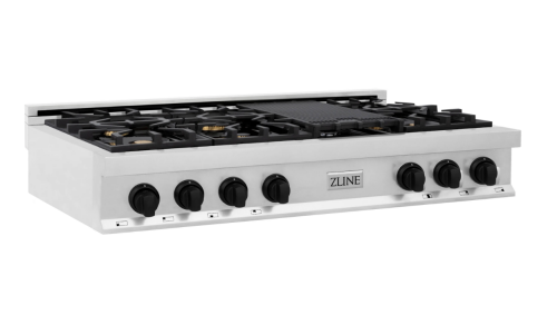 ZLINE Autograph Edition 48" Porcelain Rangetop with 7 Gas Burners in Stainless Steel and Matte Black Accents (RTZ-48-MB)