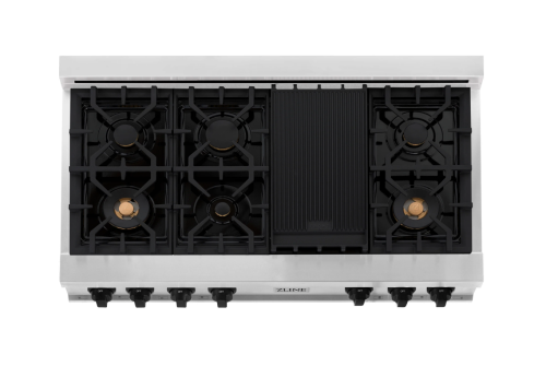 ZLINE Autograph Edition 48" Porcelain Rangetop with 7 Gas Burners in Stainless Steel and Matte Black Accents (RTZ-48-MB)