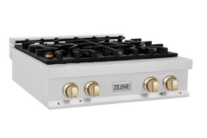 ZLINE Autograph Edition 30" Porcelain Rangetop with 4 Gas Burners in Fingerprint Resistant Stainless Steel and Polished Gold Accents