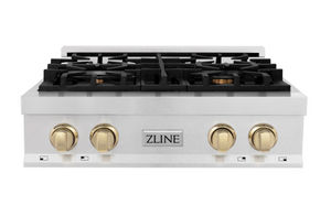 ZLINE Autograph Edition 30" Porcelain Rangetop with 4 Gas Burners in Fingerprint Resistant Stainless Steel and Polished Gold Accents