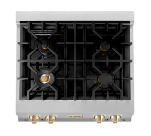ZLINE Autograph Edition 30" Porcelain Rangetop with 4 Gas Burners in Fingerprint Resistant Stainless Steel and Polished Gold Accents