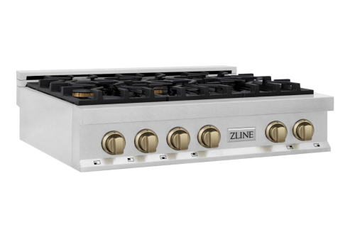 ZLINE Autograph Edition 36" Porcelain Rangetop with 6 Gas Burners in Fingerprint Resistant Stainless Steel and Champagne Bronze Accents (RTSZ-36-CB)