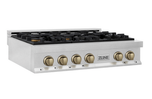 ZLINE Autograph Edition 36" Porcelain Rangetop with 6 Gas Burners in Fingerprint Resistant Stainless Steel and Champagne Bronze Accents (RTSZ-36-CB)
