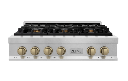 ZLINE Autograph Edition 36" Porcelain Rangetop with 6 Gas Burners in Fingerprint Resistant Stainless Steel and Champagne Bronze Accents (RTSZ-36-CB)