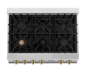 ZLINE Autograph Edition 36" Porcelain Rangetop with 6 Gas Burners in Fingerprint Resistant Stainless Steel and Champagne Bronze Accents (RTSZ-36-CB)