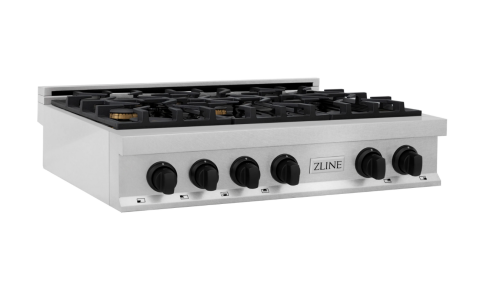 ZLINE Autograph Edition 36" Porcelain Rangetop with 6 Gas Burners in Fingerprint Resistant Stainless Steel and Matte Black Accents (RTSZ-36-MB)