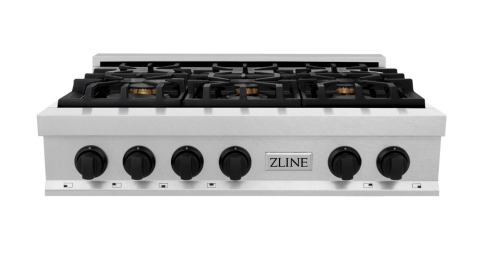 ZLINE Autograph Edition 36" Porcelain Rangetop with 6 Gas Burners in Fingerprint Resistant Stainless Steel and Matte Black Accents (RTSZ-36-MB)