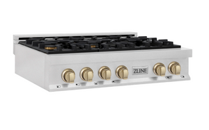 ZLINE Autograph Edition 36" Porcelain Rangetop with 6 Gas Burners in Fingerprint Resistant Stainless Steel and Gold Accents (RTSZ-36-G)
