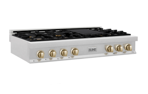 ZLINE Autograph Edition 48" Porcelain Rangetop with 7 Gas Burners in Fingerprint Resistant Stainless Steel and Gold Accents (RTSZ-48-G)