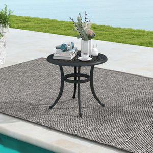 Made of sturdy and rustproof cast aluminumÂ <br>Weighs only 11 lbs per table  easy to carry<br>Sturdy retaining ring for higher stability<br>Adjustable footpads avoid any wobbling<br>Classic appearance with elegant patterns<br>Antique brown finish for mor