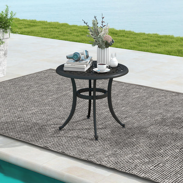 Made of sturdy and rustproof cast aluminumÂ <br>Weighs only 11 lbs per table  easy to carry<br>Sturdy retaining ring for higher stability<br>Adjustable footpads avoid any wobbling<br>Classic appearance with elegant patterns<br>Antique brown finish for mor