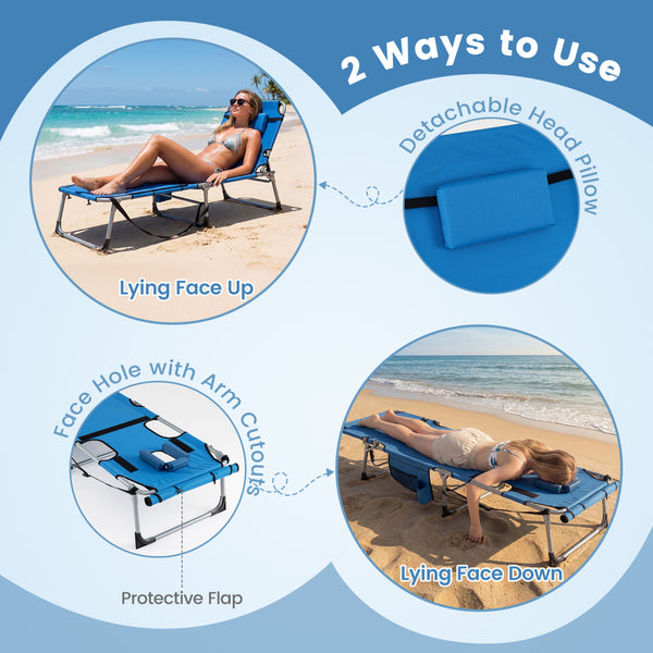 Face hole with U-shaped padding ensures comfortable lying face down<br>Arm openings provide additional relaxation during sunbathing<br>Face hole cover maintains cleanliness and offers more versatility<br>4-level adjustable backrest offers customizable rec