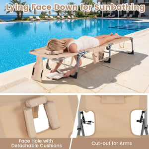 4-position adjustable back customized for different postures<br>2 footrest positions with flexible joints for more coziness<br>Built-in face hole and arm holes for face-down position<br>Removable head pillow enhances the comfort of lying<br>Folding chair 