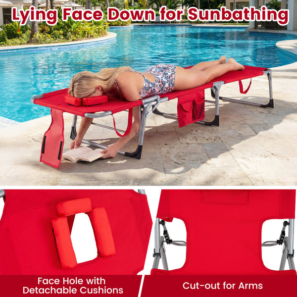 4-position adjustable back customized for different postures<br>2 footrest positions with flexible joints for more coziness<br>Built-in face hole and arm holes for face-down position<br>Removable head pillow enhances the comfort of lying<br>Folding chair 