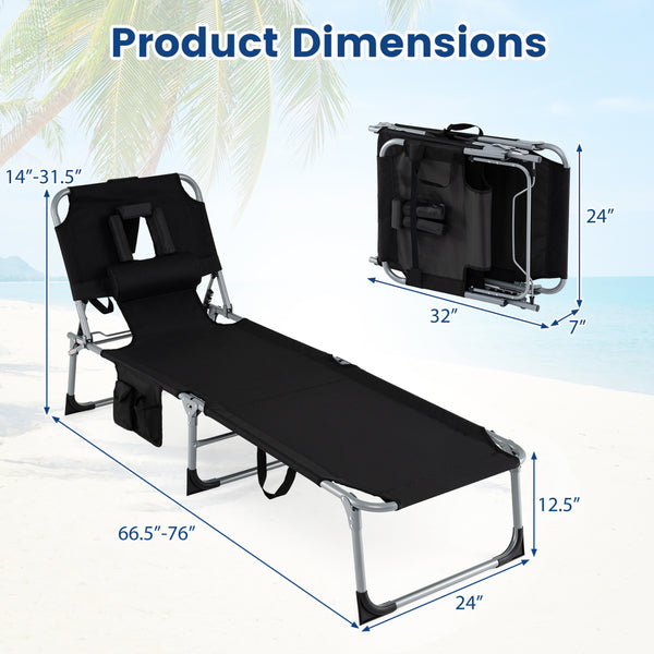 4-position adjustable back customized for different postures<br>2 footrest positions with flexible joints for more coziness<br>Built-in face hole and arm holes for face-down position<br>Removable head pillow enhances the comfort of lying<br>Folding chair 