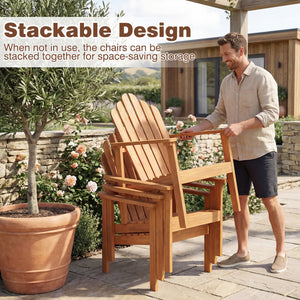 Built to last with natural and sturdy acacia wood <br>Angled backrest for better support during longer sitting <br>Wide armrests enable you to rest and relax your arms <br>More comfortable to sit thanks to a gently sloped seat <br>2 Adirondack chairs stac