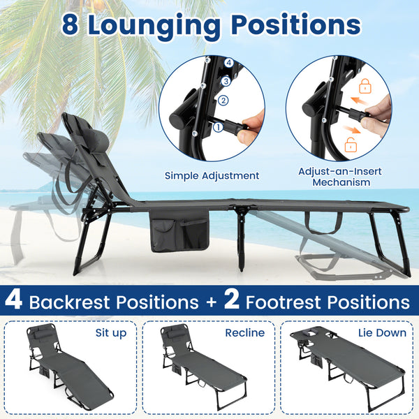 Face and arm slots for comfortable face-down lounging<br>Adjustable backrest ensures personalized reclining positions<br>Compact folding design makes it easy to transport and store<br>Equipped with a carry strap to facilitate mobility<br>Removable pillow 