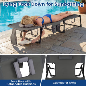 Face and arm slots for comfortable face-down lounging<br>Adjustable backrest ensures personalized reclining positions<br>Compact folding design makes it easy to transport and store<br>Equipped with a carry strap to facilitate mobility<br>Removable pillow 