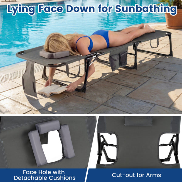 Face and arm slots for comfortable face-down lounging<br>Adjustable backrest ensures personalized reclining positions<br>Compact folding design makes it easy to transport and store<br>Equipped with a carry strap to facilitate mobility<br>Removable pillow 