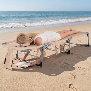 Face and arm slots for comfortable face-down lounging<br>Adjustable backrest ensures personalized reclining positions<br>Compact folding design makes it easy to transport and store<br>Equipped with a carry strap to facilitate mobility<br>Removable pillow 