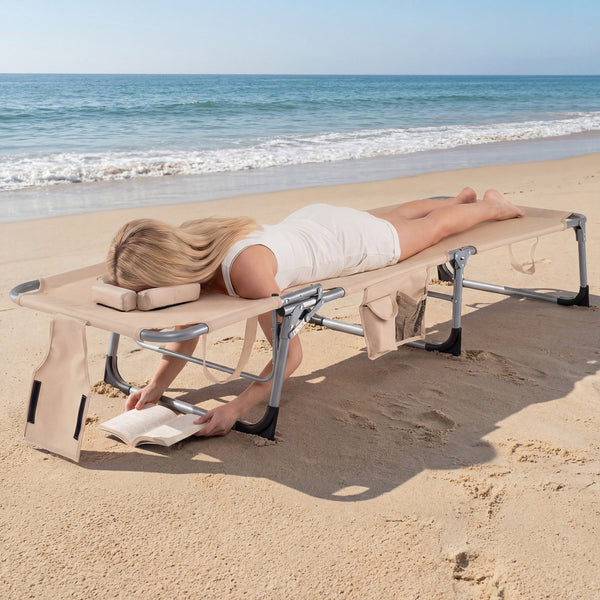 Face and arm slots for comfortable face-down lounging<br>Adjustable backrest ensures personalized reclining positions<br>Compact folding design makes it easy to transport and store<br>Equipped with a carry strap to facilitate mobility<br>Removable pillow 