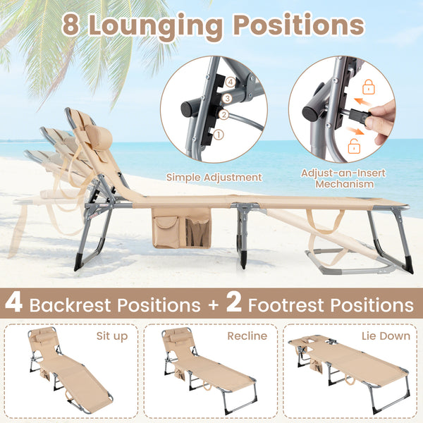 Face and arm slots for comfortable face-down lounging<br>Adjustable backrest ensures personalized reclining positions<br>Compact folding design makes it easy to transport and store<br>Equipped with a carry strap to facilitate mobility<br>Removable pillow 