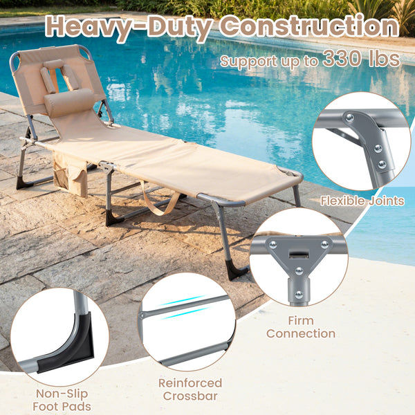 Face and arm slots for comfortable face-down lounging<br>Adjustable backrest ensures personalized reclining positions<br>Compact folding design makes it easy to transport and store<br>Equipped with a carry strap to facilitate mobility<br>Removable pillow 