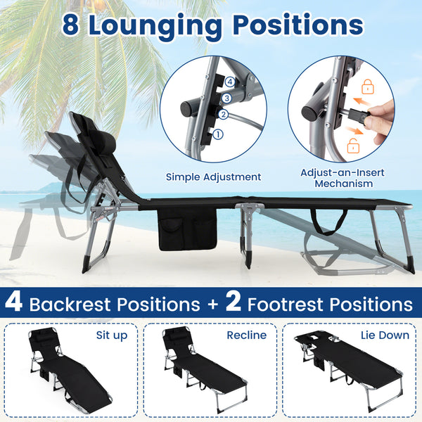 Face and arm slots for comfortable face-down lounging<br>Adjustable backrest ensures personalized reclining positions<br>Compact folding design makes it easy to transport and store<br>Equipped with a carry strap to facilitate mobility<br>Removable pillow 