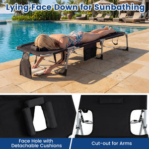 Face and arm slots for comfortable face-down lounging<br>Adjustable backrest ensures personalized reclining positions<br>Compact folding design makes it easy to transport and store<br>Equipped with a carry strap to facilitate mobility<br>Removable pillow 