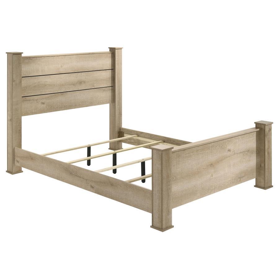 This transitional bed frame combines rustic charm and modern design with its horizontal planked headboard and clean silhouette. Finished in weathered oak, it is made from engineered wood with a scratch-resistant, eco-friendly veneer for enhanced durabilit