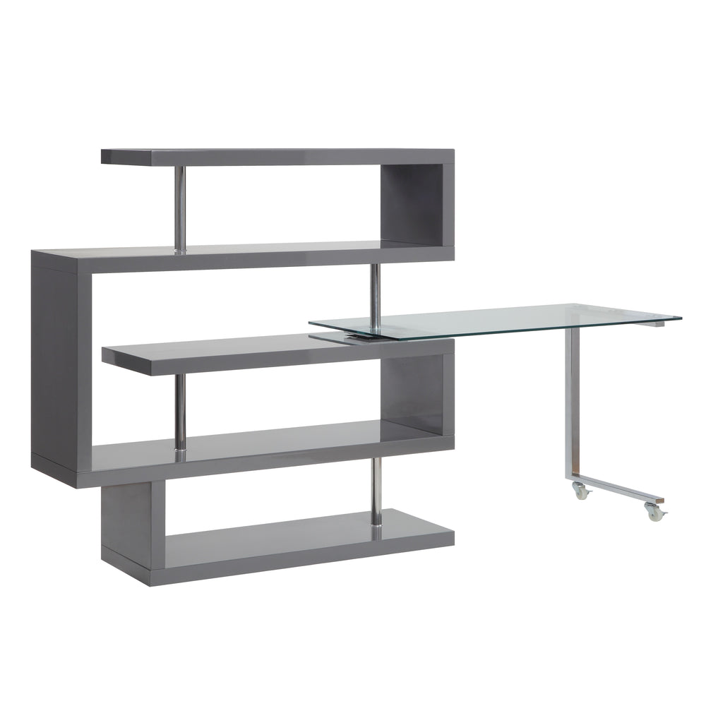 Writing Desk w/Swivel Function 360 Open Storage: 4 Shelves Clear Glass Desk Top High Gloss Finish 2 Wheels Included<br/><br/><b>Product Features</b><ul><li>riting Desk w/Swivel Function 360â°â€§ Open Storage: 4 Shelves â€§ Clear Glass Desk Topâ€§ High Gl