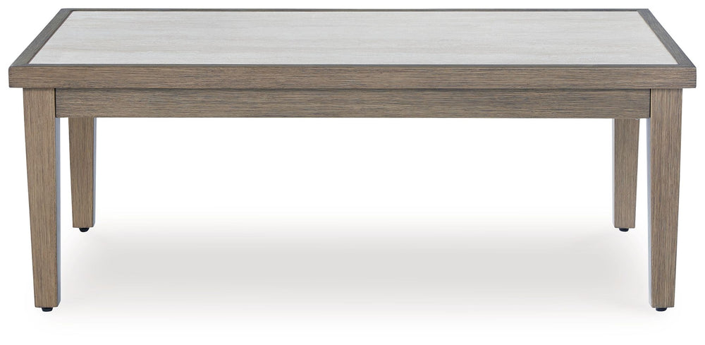 Experience the perfect combination of durability and style with this outdoor coffee table. An aluminum frame with a wood-look finish maintains a sleek, contemporary aesthetic, while the sintered stone tabletop adds an element of natural elegance. This del