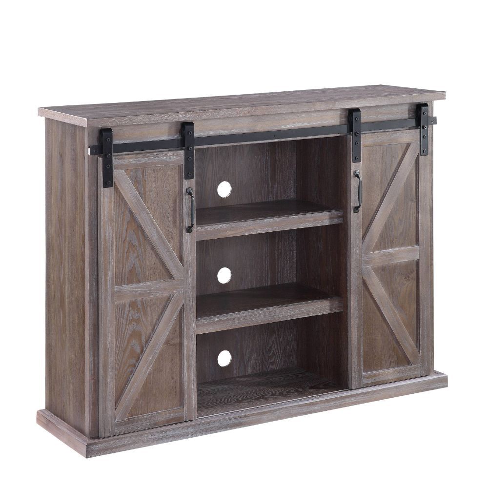 KD, Rectangular TV Stand Storage: 2 Sliding Barn Doors, 9 Compartments (2+2+2 Wooden Shelves) Max. Recommended TV Size: 48-Inch Flat Panel Back Panel with Pre-Cut Holes for Cord Mgmt (x# Holes) CONSTRUCTION] Wooden Case-Frame: Wood (Pine), MDF, Rustic Fin