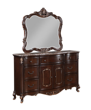 The Constantine Marble Top 6 Drawer Dresser by Royal Classics offers timeless elegance and exceptional craftsmanship. This large dresser, finished in rich Cherry, is crafted from a blend of Solid Pine and Fancy Face Birch Veneers, ensuring heirloom qualit