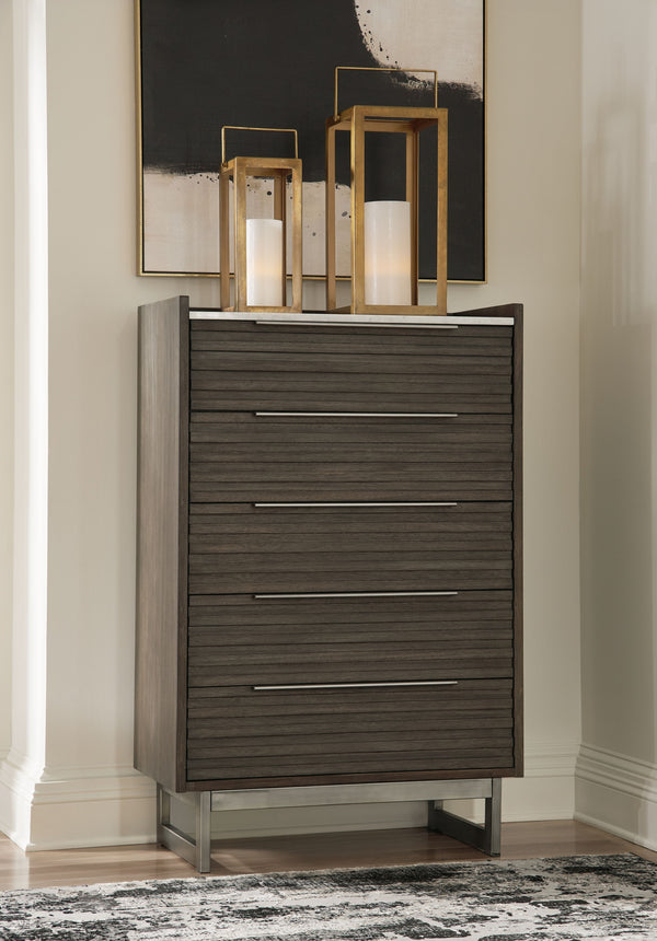  while the streamlined silhouette features overlay slats to create visual interest. A metal base and 