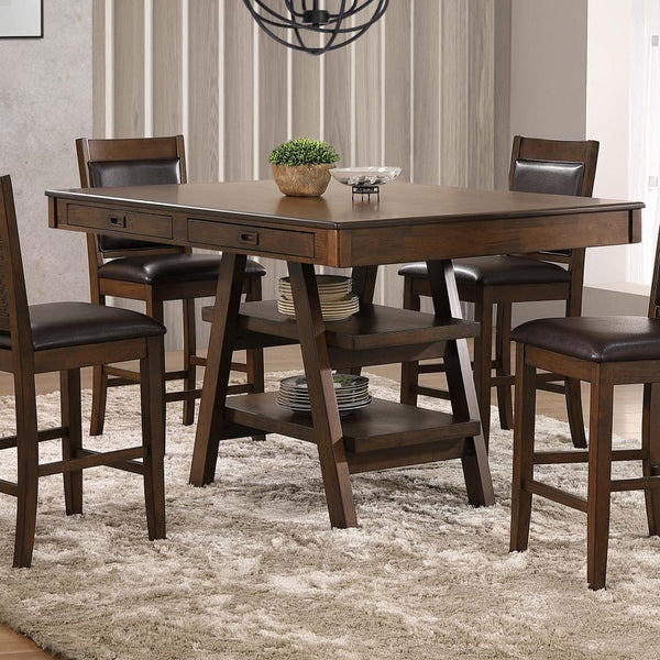  featuring ample seating space for up to six guests or family members. A rich walnut finish offers a neutral color palette and bold look to this furniture piece. With a raised counter height top