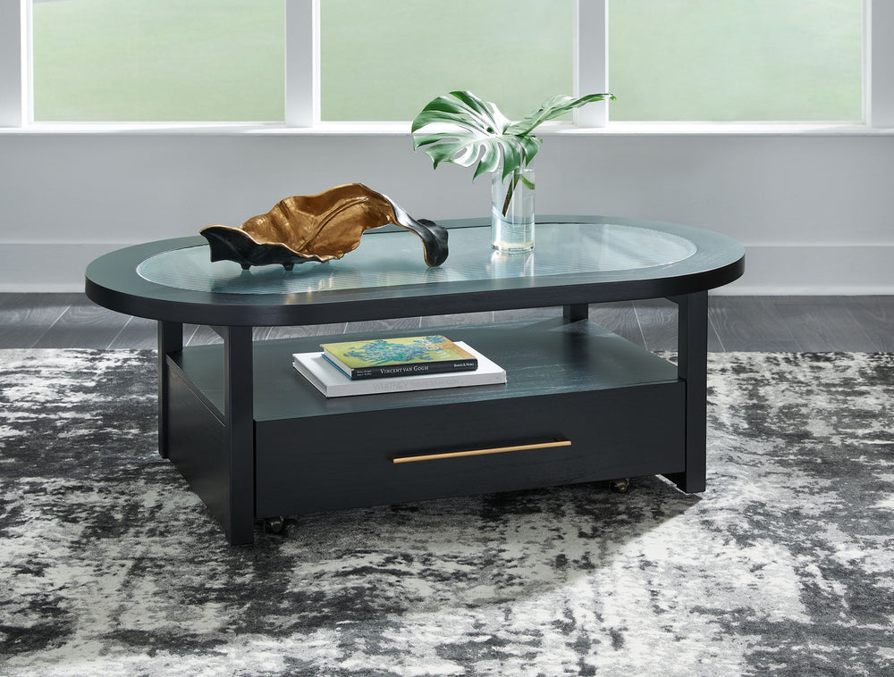 If you are a lover of simplicity, the Winbardi coffee table is the perfect choice. Its black finish, casual contemporary design and spacious storage capacity provide functional style wherever itâ€™s displayed. And with casters for easy mobility, it-'s eas