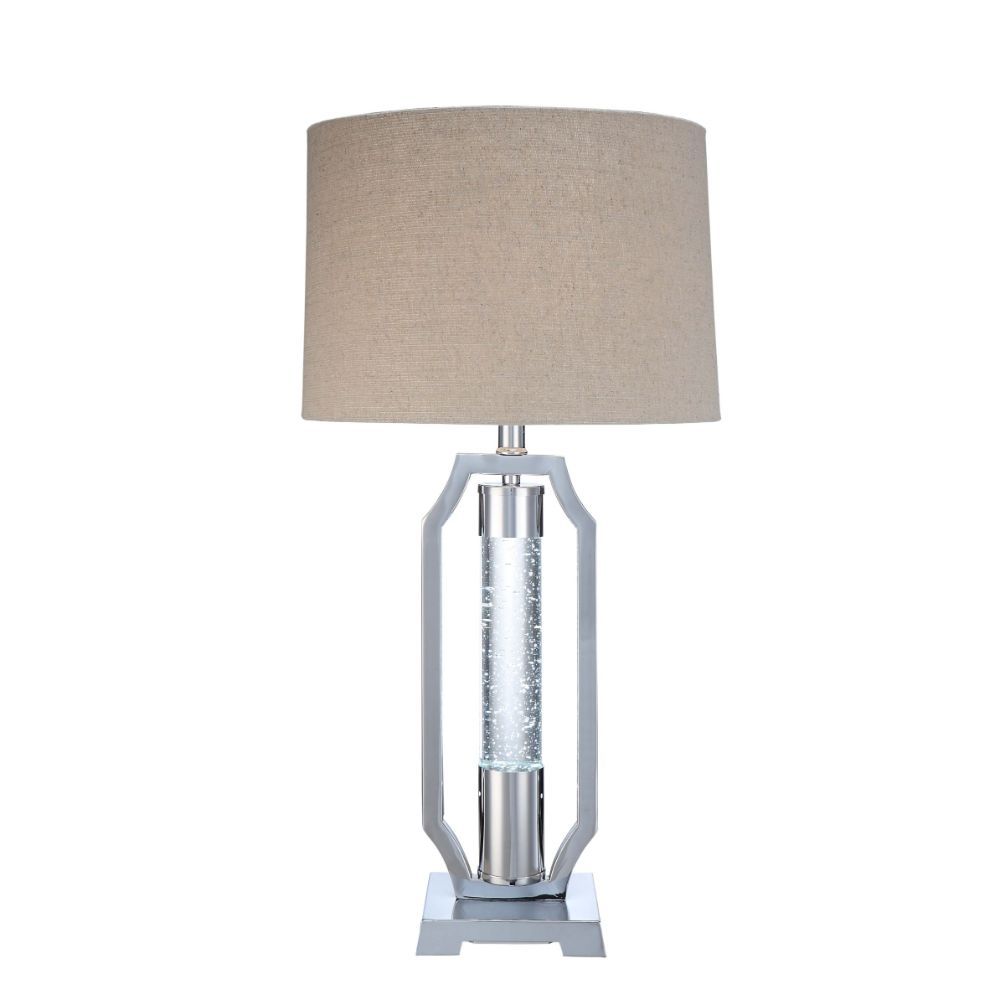 Gleaming and modish, this Cici table lamp will add a hint of luxury to any space. It is crafted in chrome and has light brown fabric drum shade. Featuring metal base with single acrylic cylinder with G9 LED and 4-way rotary switch, the exceptional design 