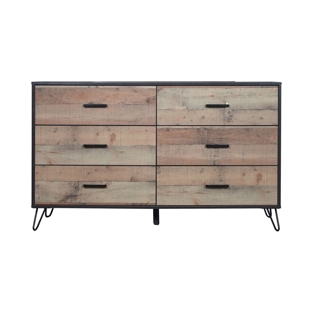 The Elk River Six Drawer Large Dresser is a standout piece that beautifully marries modern industrial design with classic durability. Constructed from eco-friendly manufactured woods and an environmentally conscious decorative laminate, this dresser is de
