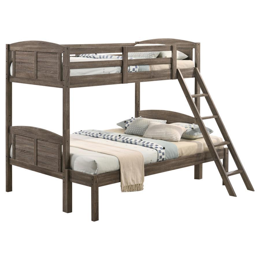 A casual country vibe carries the space with this rustic bunk bed, perfect for compact bedrooms and shared sibling spaces. A weathered brown finish lends a neutral hue to transform a space into a serene, restful retreat. Along the top bunk are safety guar