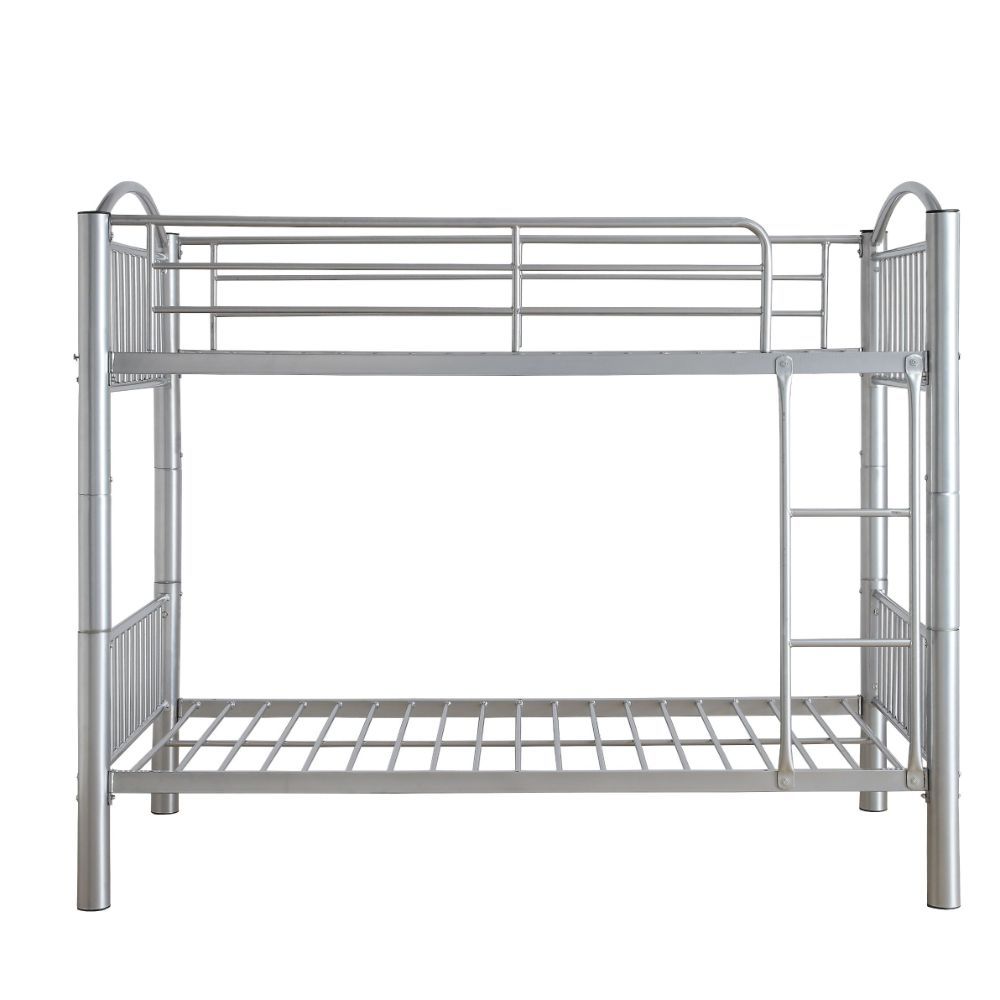 The Cayelynn twin over twin bunk bed is a great way to free up space in a kids bedroom. It is a round metal tube design and features a built in ladder to the upper twin bed that also has a guardrail. This bed is available in black and silver.<br/><br/><b>