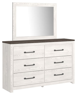 Cool, clean and casually modern. This dresser and mirrorâ€™s wispy whitewash and gray finish sets the tone for your calming sanctuary. Large linear pulls add dimension and authenticity. Six smooth-gliding drawers neatly accommodate your bedside needs. <h4